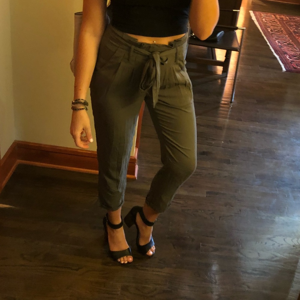 Army green tie-front pants